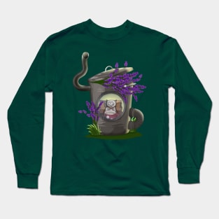 Cozy cat house. Cute cat with cup tea by the window Long Sleeve T-Shirt